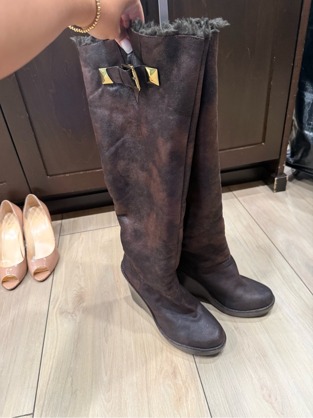 Michael Kors Dark Brown Suede Knee-High Wedge Boots with Faux Shearling Trim - Picture 1 of 4